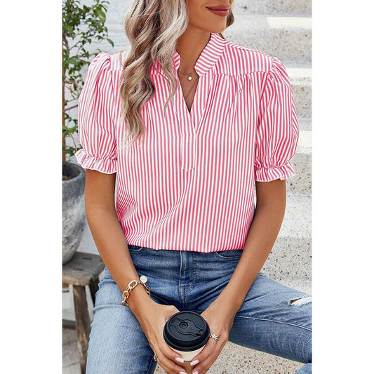 Pullover V-neck Ruffle Sleeve Top Women's Striped Chiffon Shirt