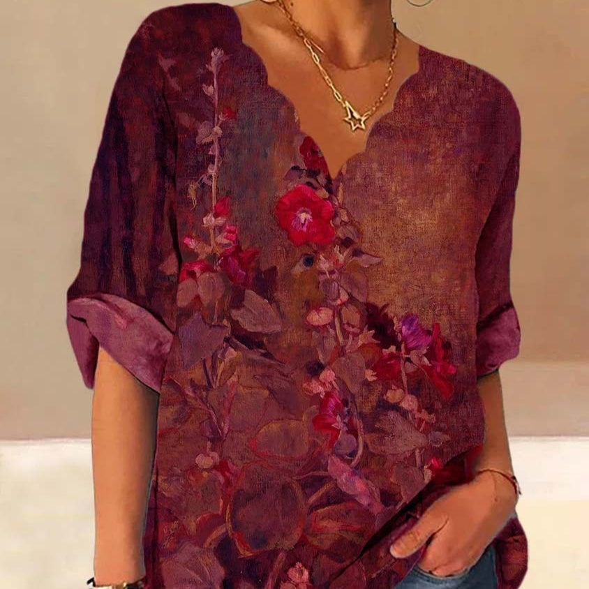 European And American Autumn Fluted Collar Cotton And Linen Retro Printed Shirt Women