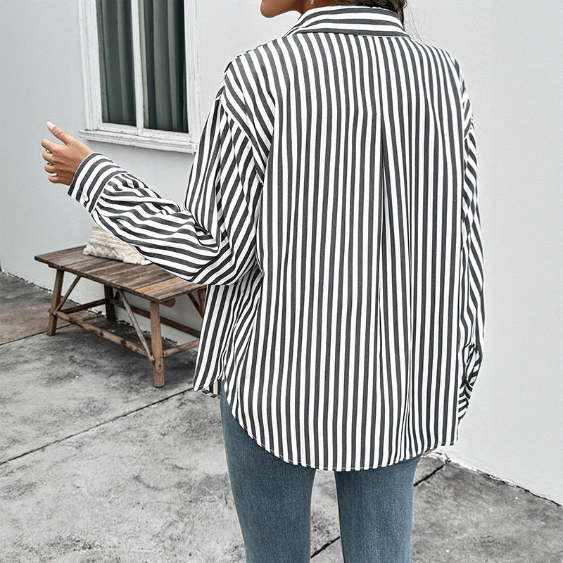 Casual Striped Long-sleeved Shirt Thin Coat For Women