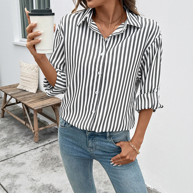 Casual Striped Long-sleeved Shirt Thin Coat For Women