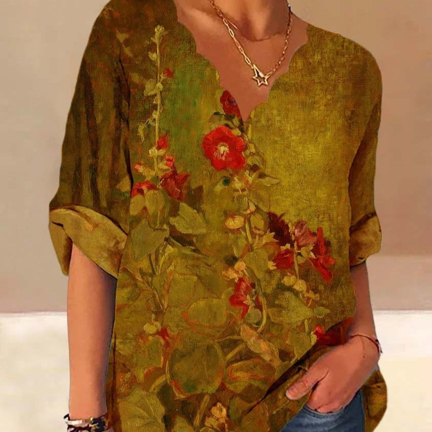European And American Autumn Fluted Collar Cotton And Linen Retro Printed Shirt Women