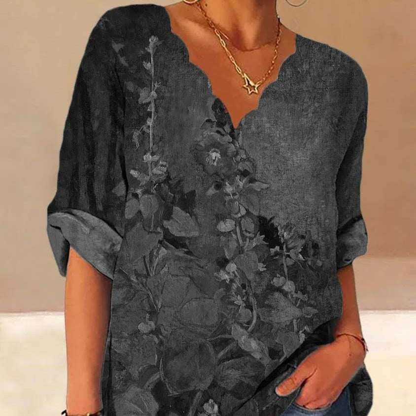 European And American Autumn Fluted Collar Cotton And Linen Retro Printed Shirt Women