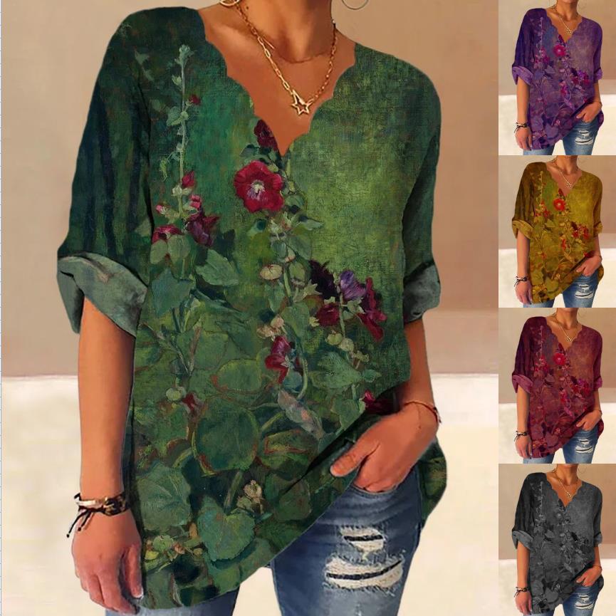 European And American Autumn Fluted Collar Cotton And Linen Retro Printed Shirt Women