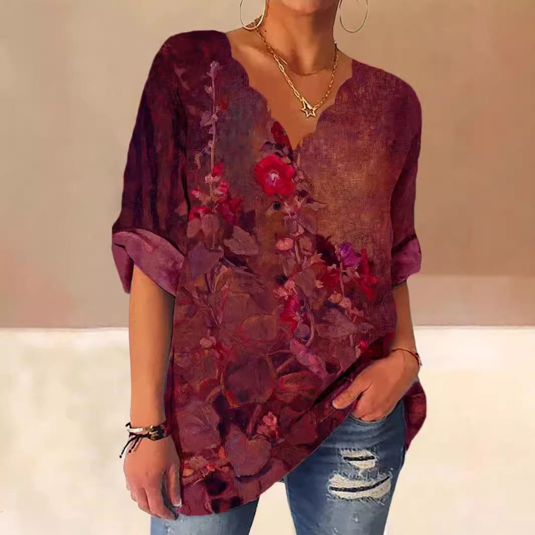 European And American Autumn Fluted Collar Cotton And Linen Retro Printed Shirt Women