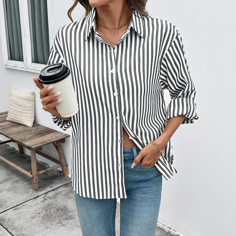 Casual Striped Long-sleeved Shirt Thin Coat For Women