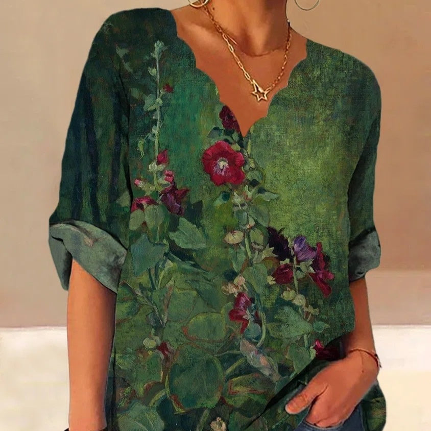 European And American Autumn Fluted Collar Cotton And Linen Retro Printed Shirt Women